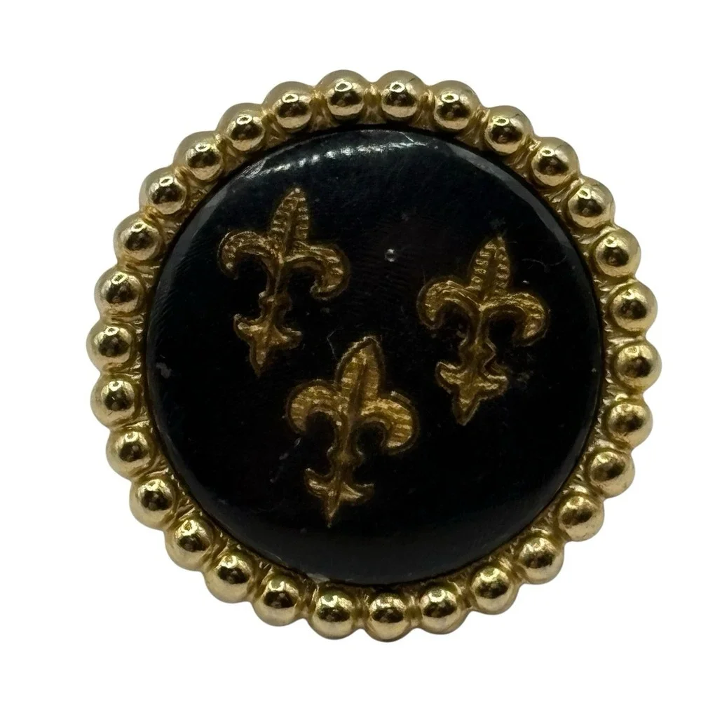 Fleur De Lis Cufflinks Vintage Black Enamel Round Ball‎ Metal Edges Gold Tone